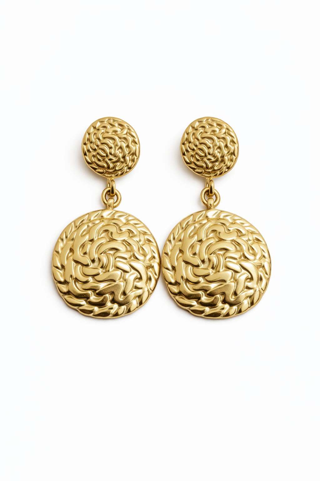 Textured Gold Disc Drop Earrings