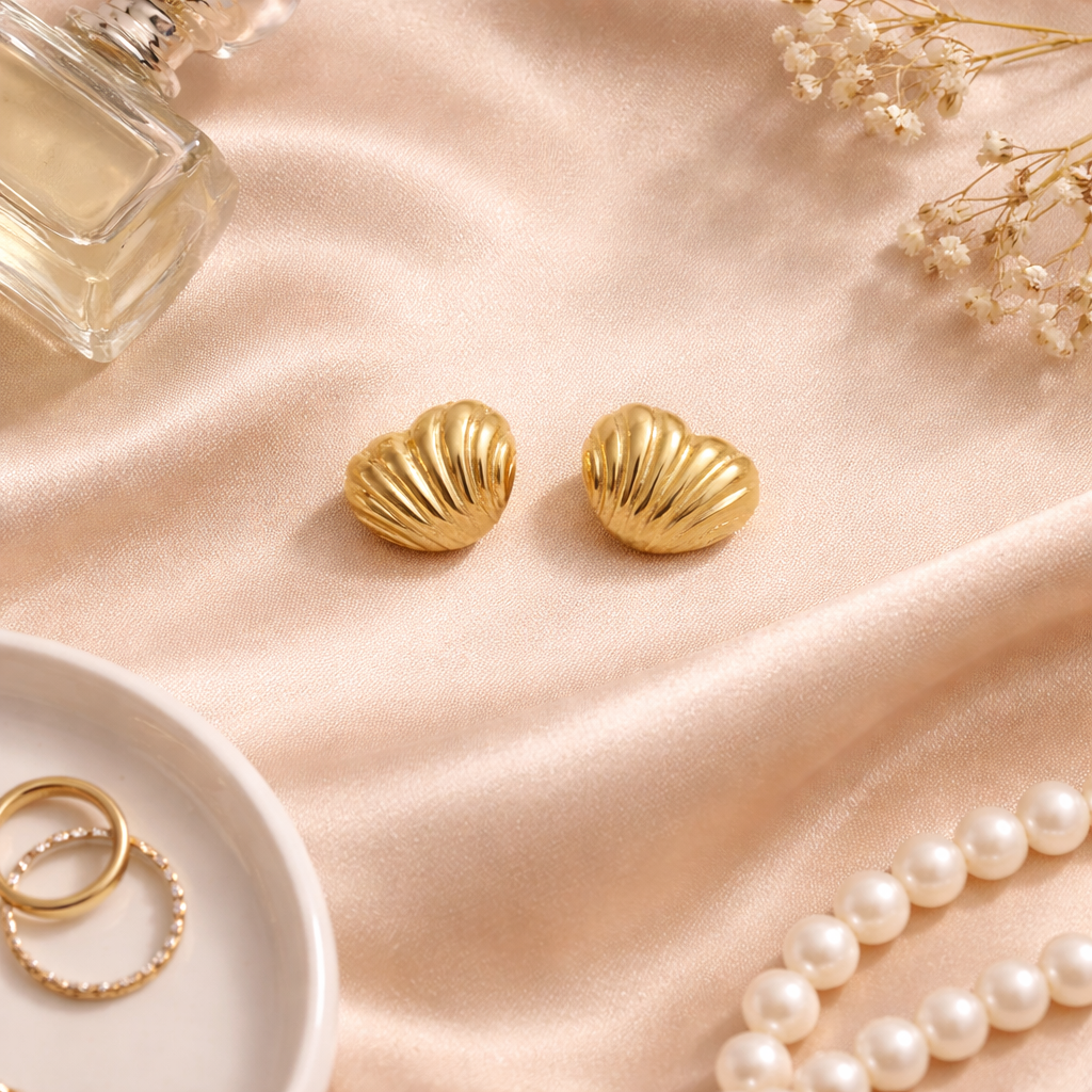 Subtle gold stud earrings on satin