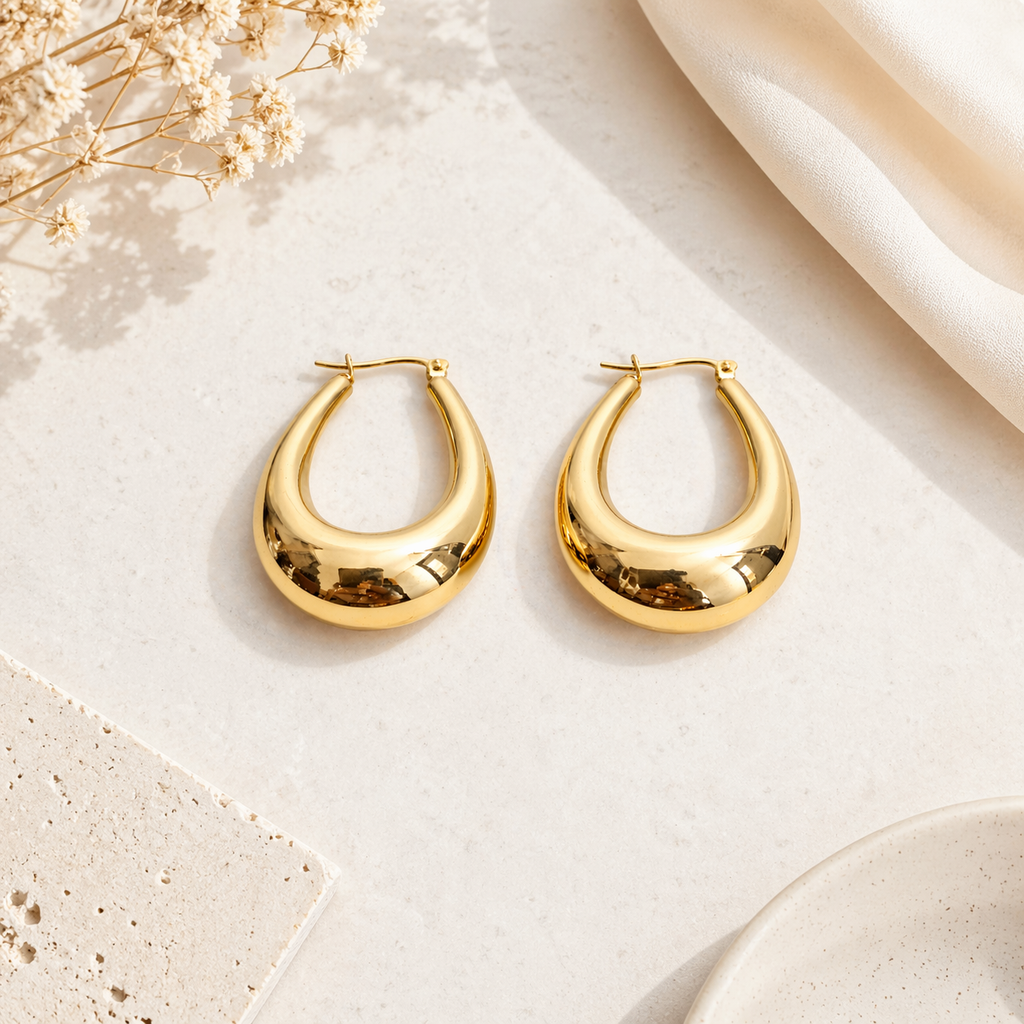 Bold gold hoop earrings on marble