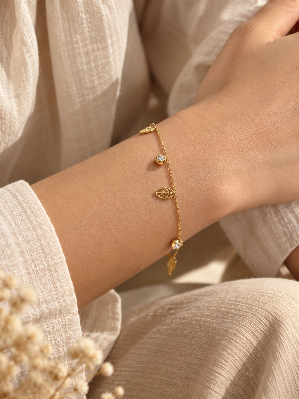 Gold Leaf Charm Bracelet with Crystal Accents trial