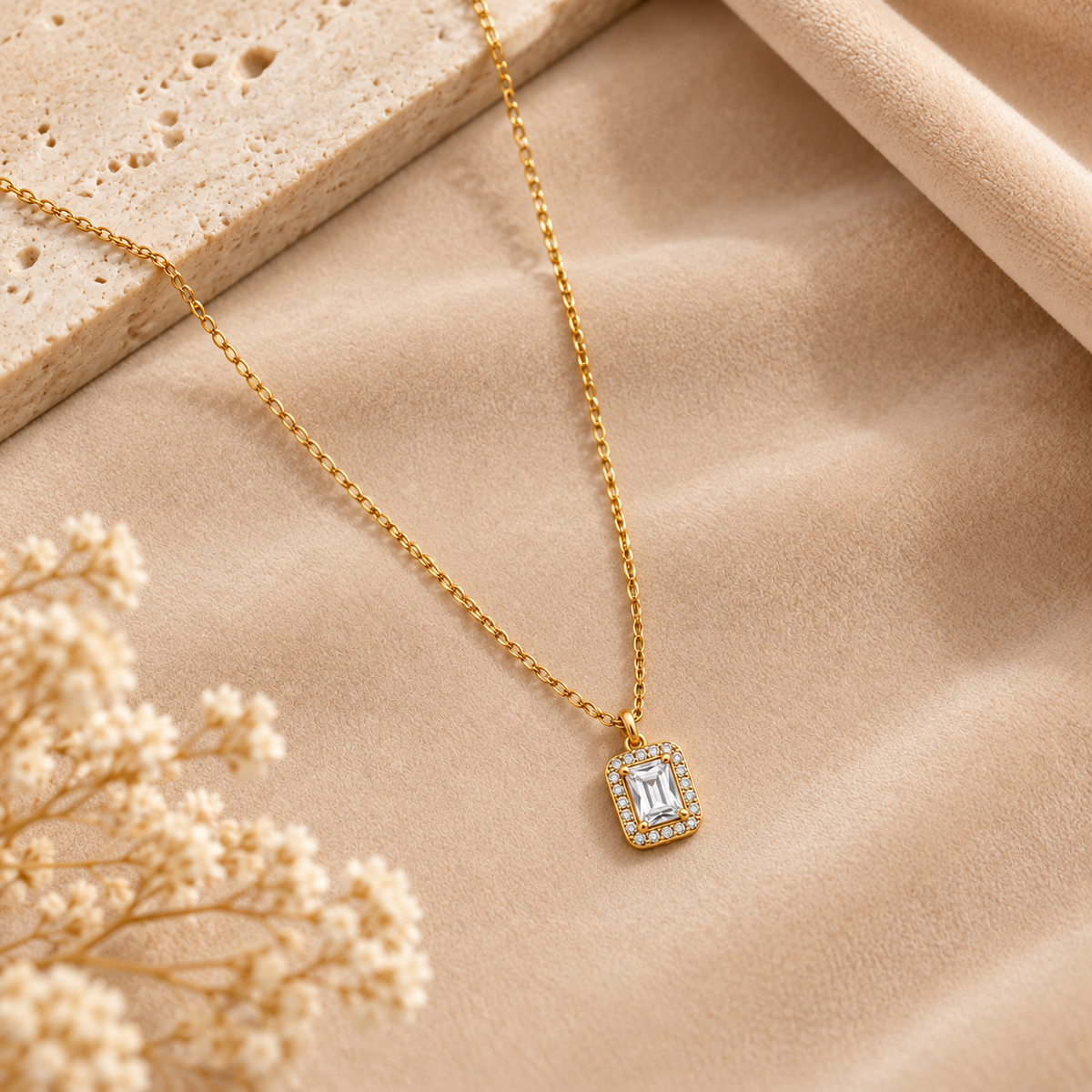 Emerald Cut Halo Pendant Necklace on velvet