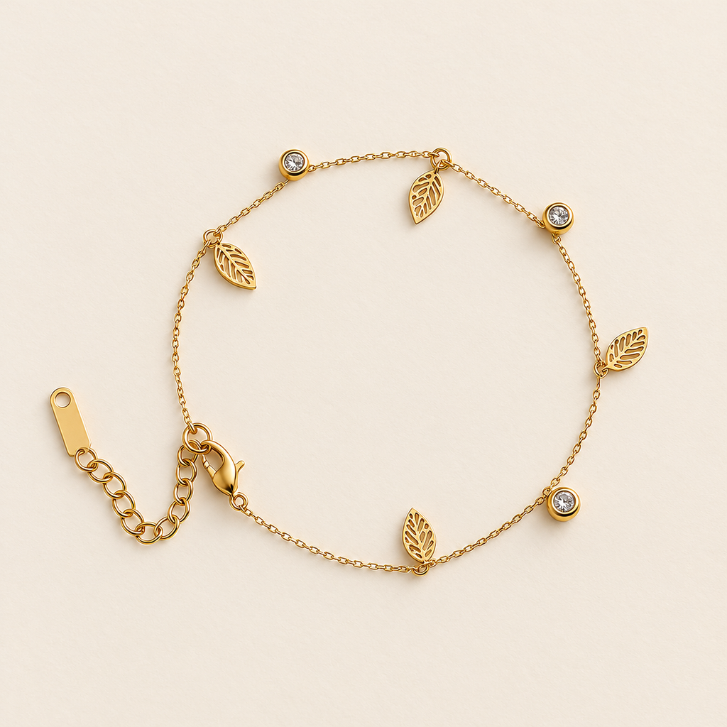 Gold Leaf Charm Bracelet with Crystal Accents