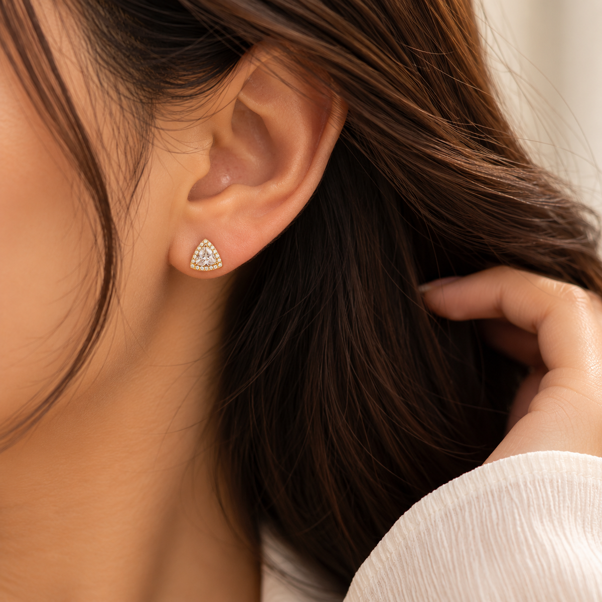 Gold Triangle Halo Stud Earrings trial