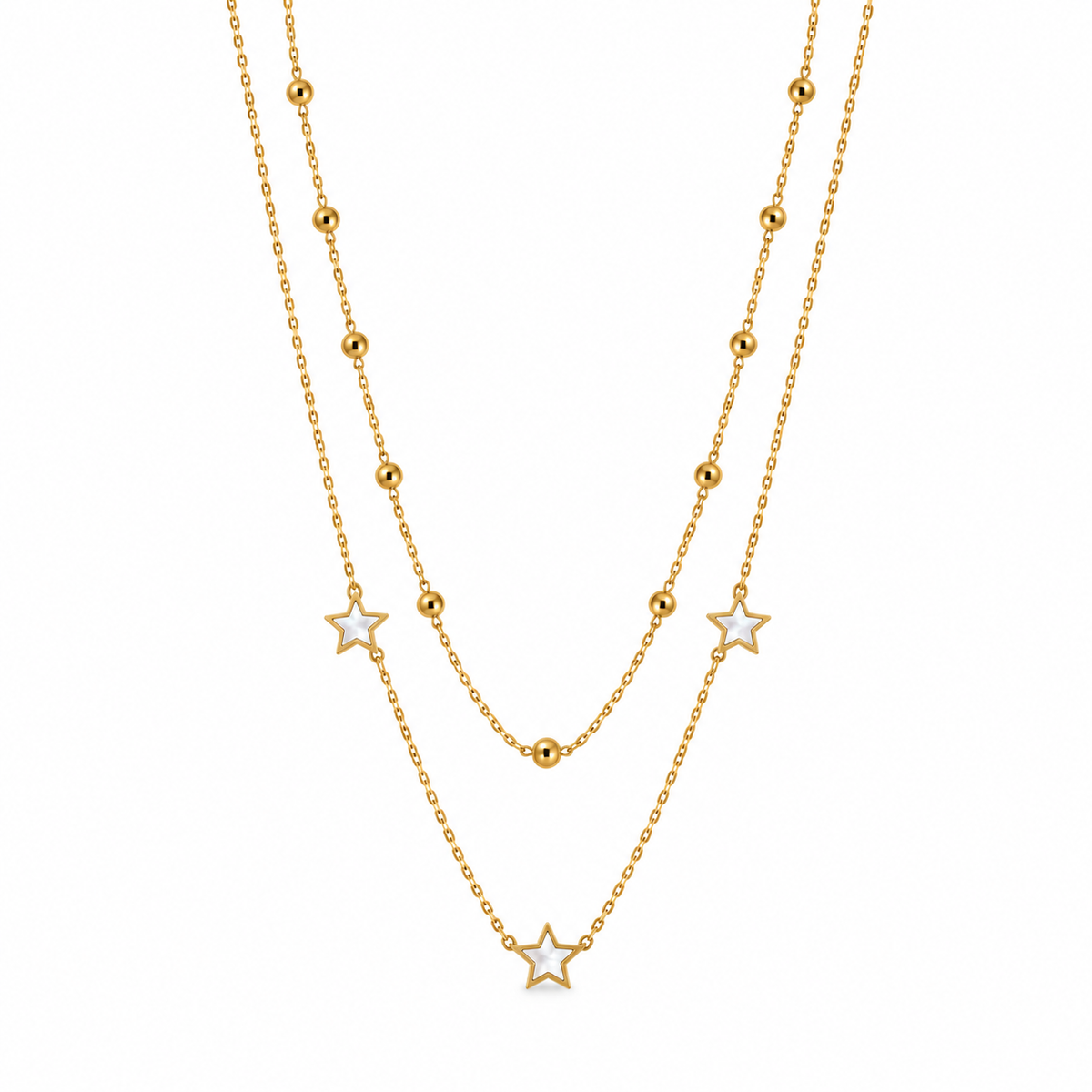 Layered Gold Star Necklace with Beaded Chain