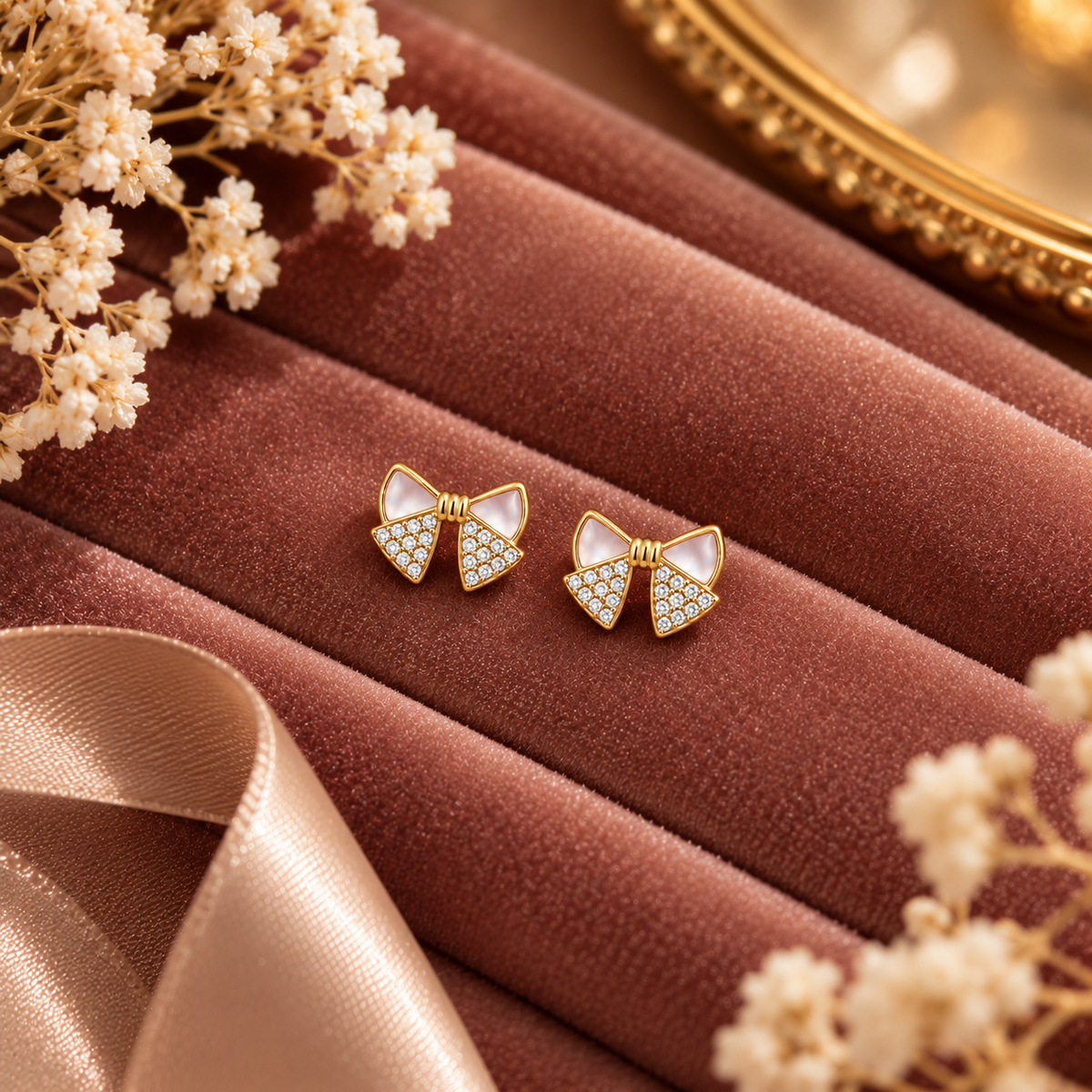 Gold Bow Stud Earrings on velvet