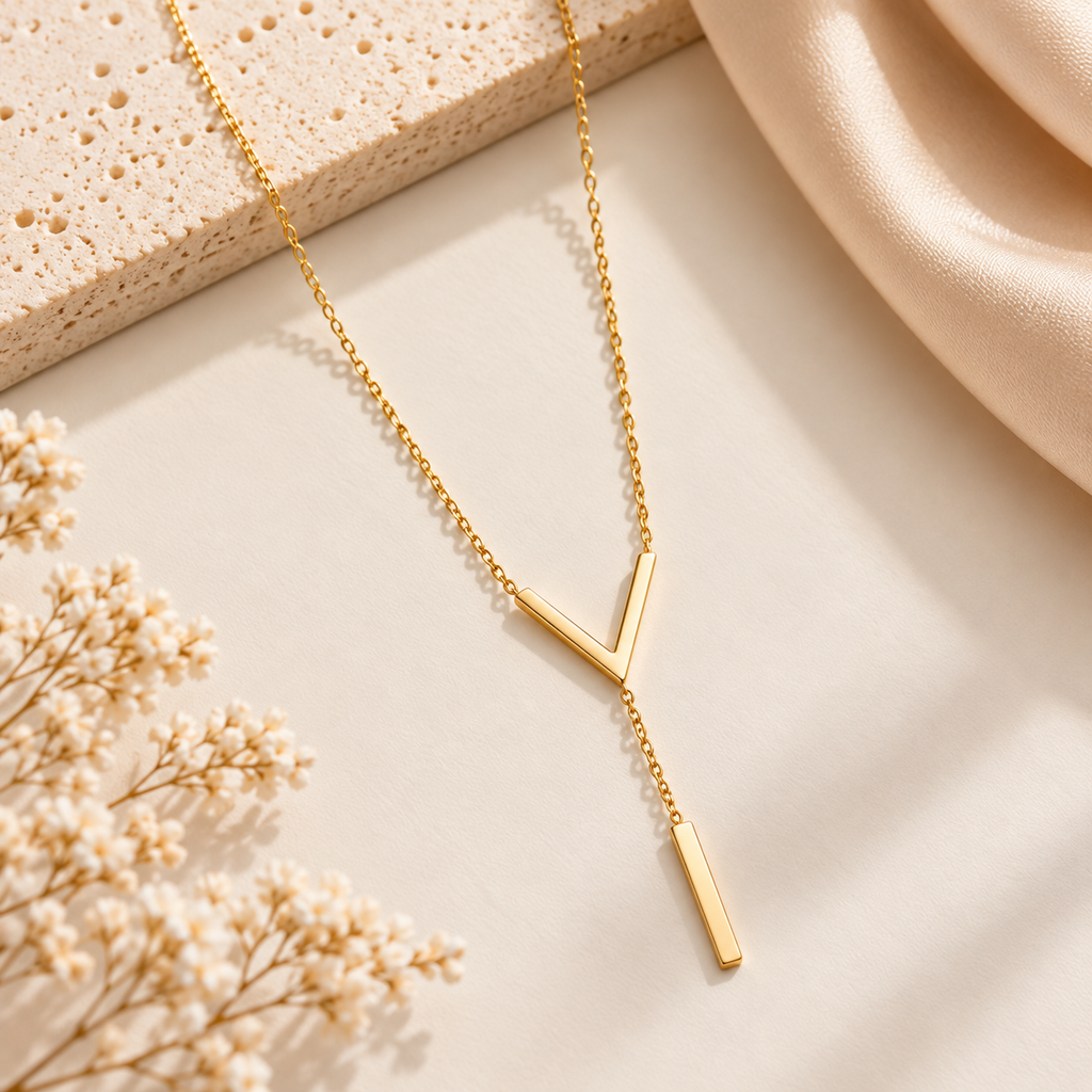 Minimalist Gold V-Bar Y-Chain Necklace on flat lay