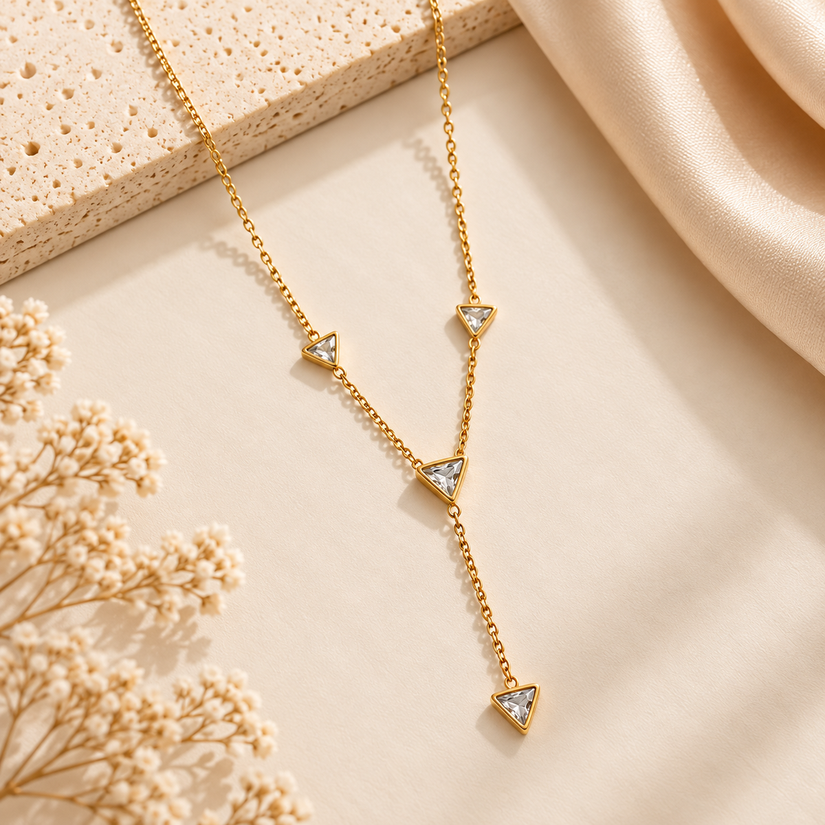 Gold Triangular Crystal Necklace on flat lay
