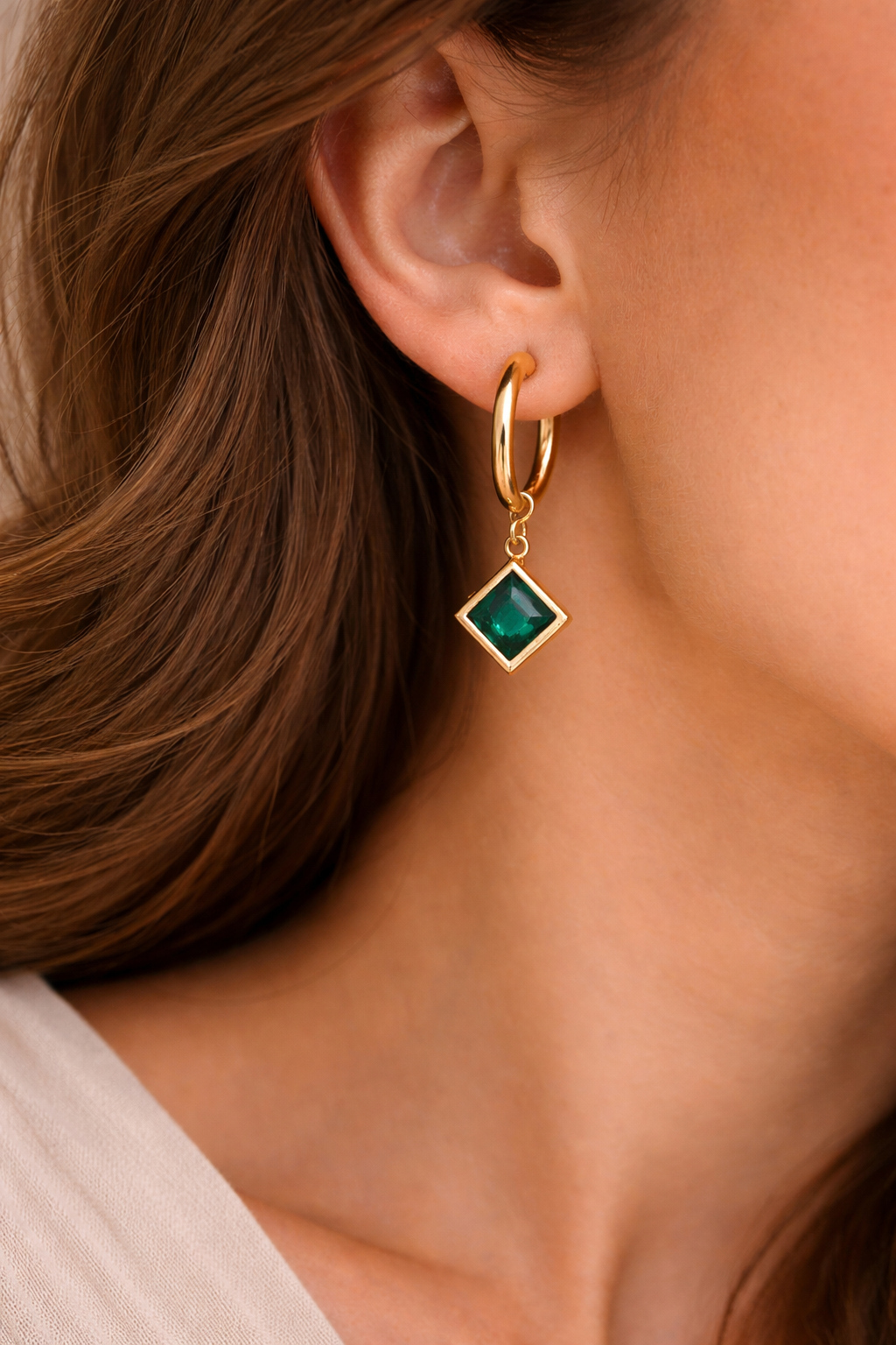 Green Emerald Drop Hoop Earrings
