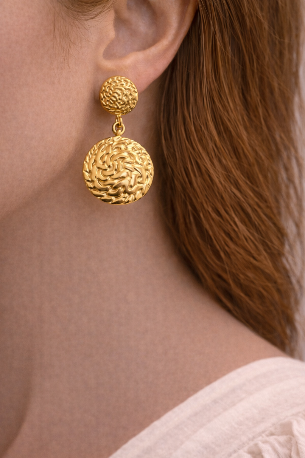 Textured Gold Disc Drop Earrings