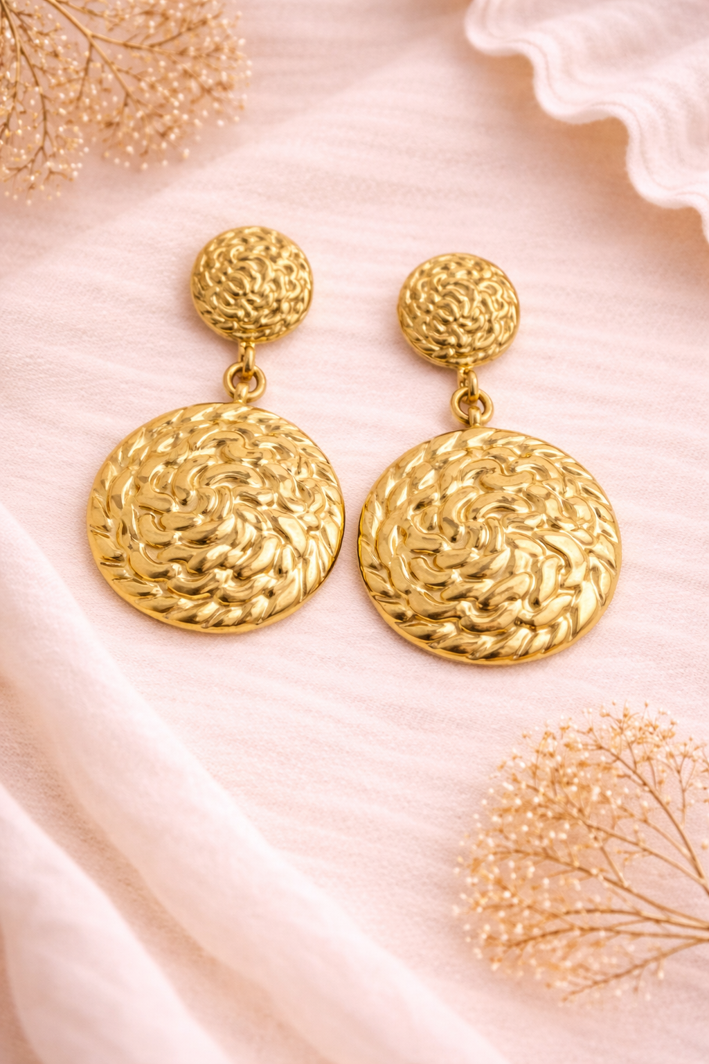 Textured Gold Disc Drop Earrings