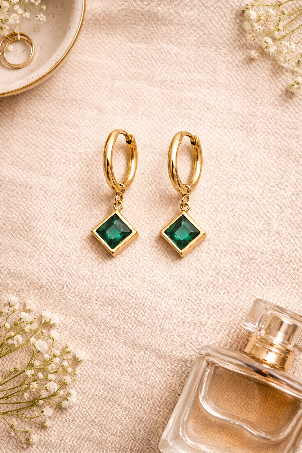 Green Emerald Drop Hoop Earrings