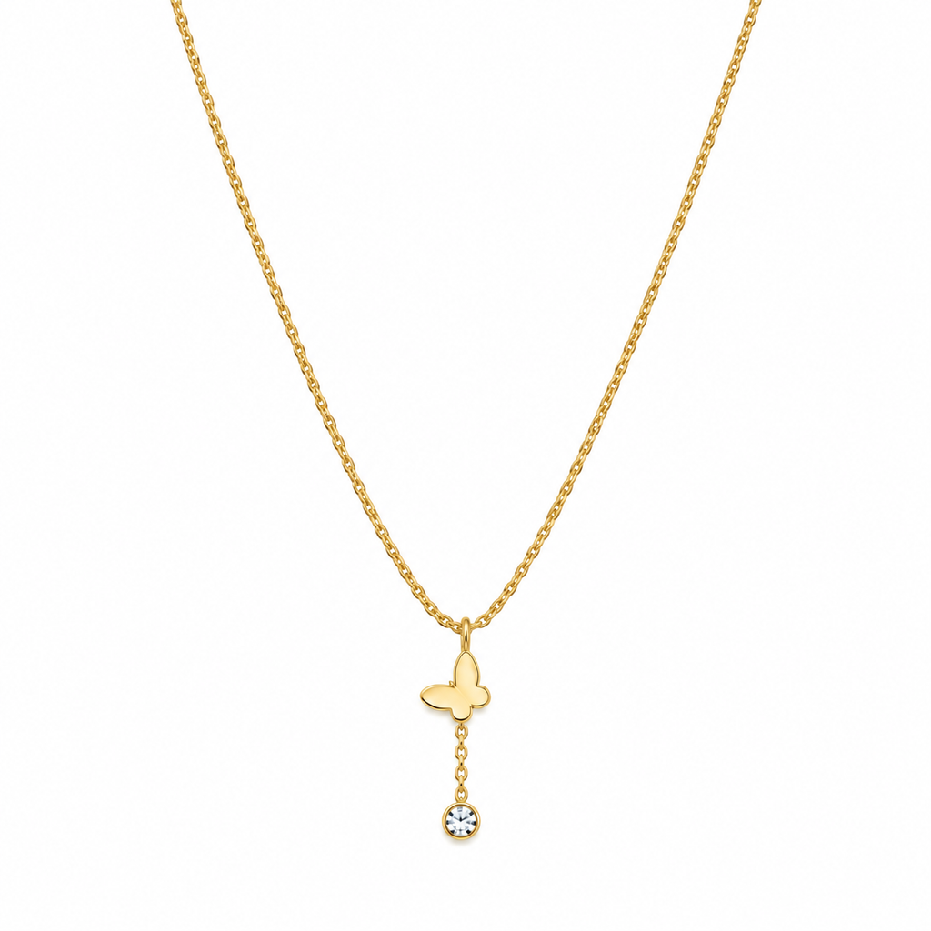 Gold Butterfly Pendant Necklace with Crystal Drop