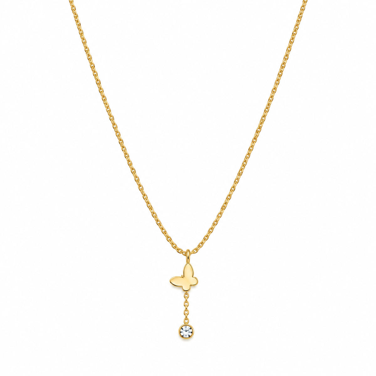 Gold Butterfly Pendant Necklace with Crystal Drop