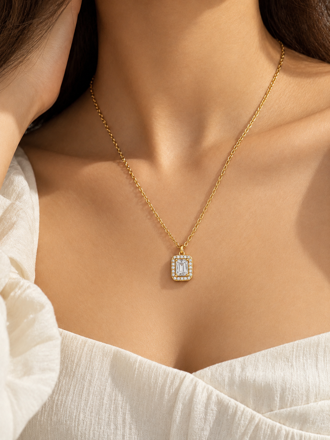Emerald Cut Halo Pendant Necklace trial