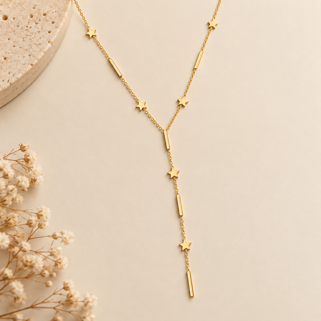Gold Star Y-Lariat Necklace flat lay