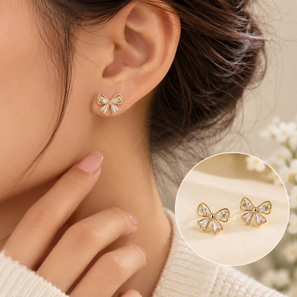 Dainty Gold Bow Stud Earrings trial