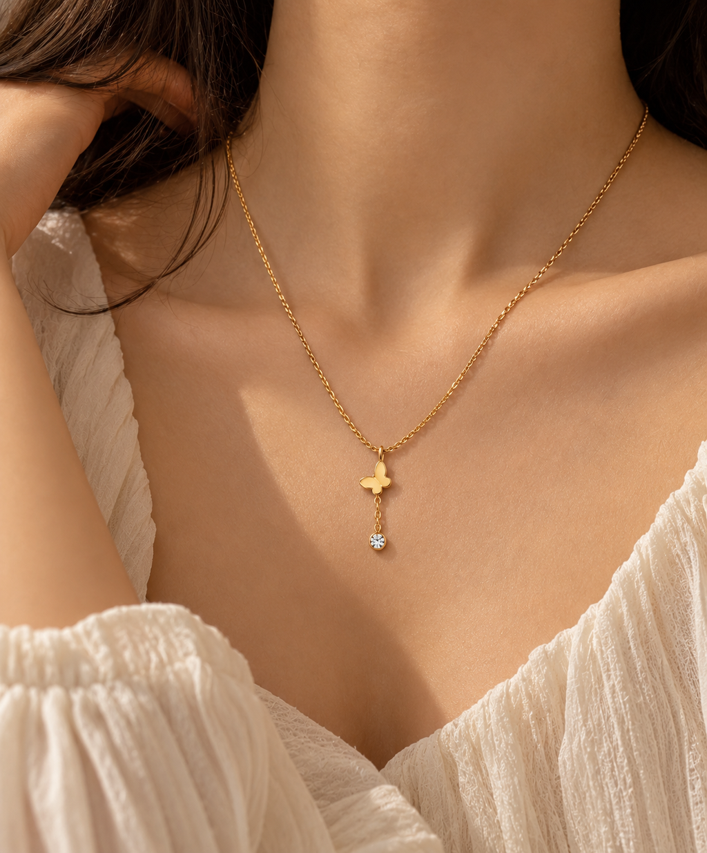Gold Butterfly Pendant Necklace with Crystal Drop trial
