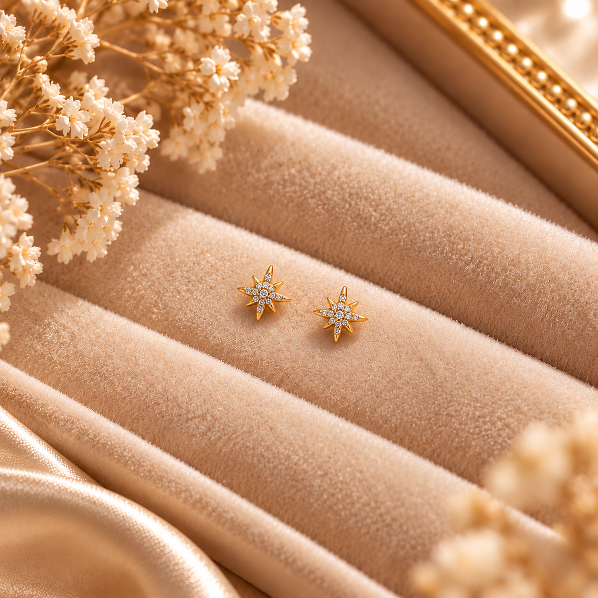Gold Starburst Stud Earrings on flat