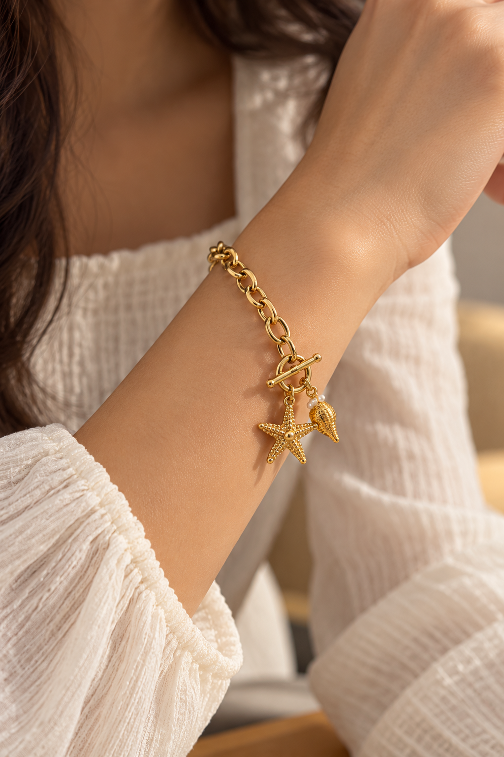 Gold-Tone Starfish & Seashell Charm Bracelet for Women trial