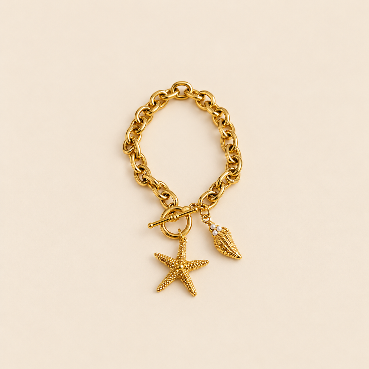 Gold-Tone Starfish & Seashell Charm Bracelet for Women