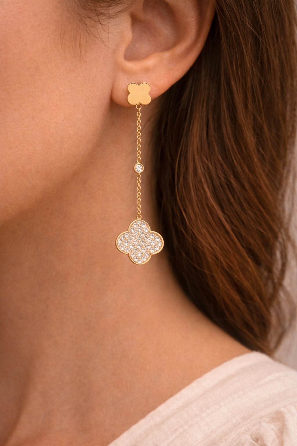 Crystal Clover Chain Drop Earrings