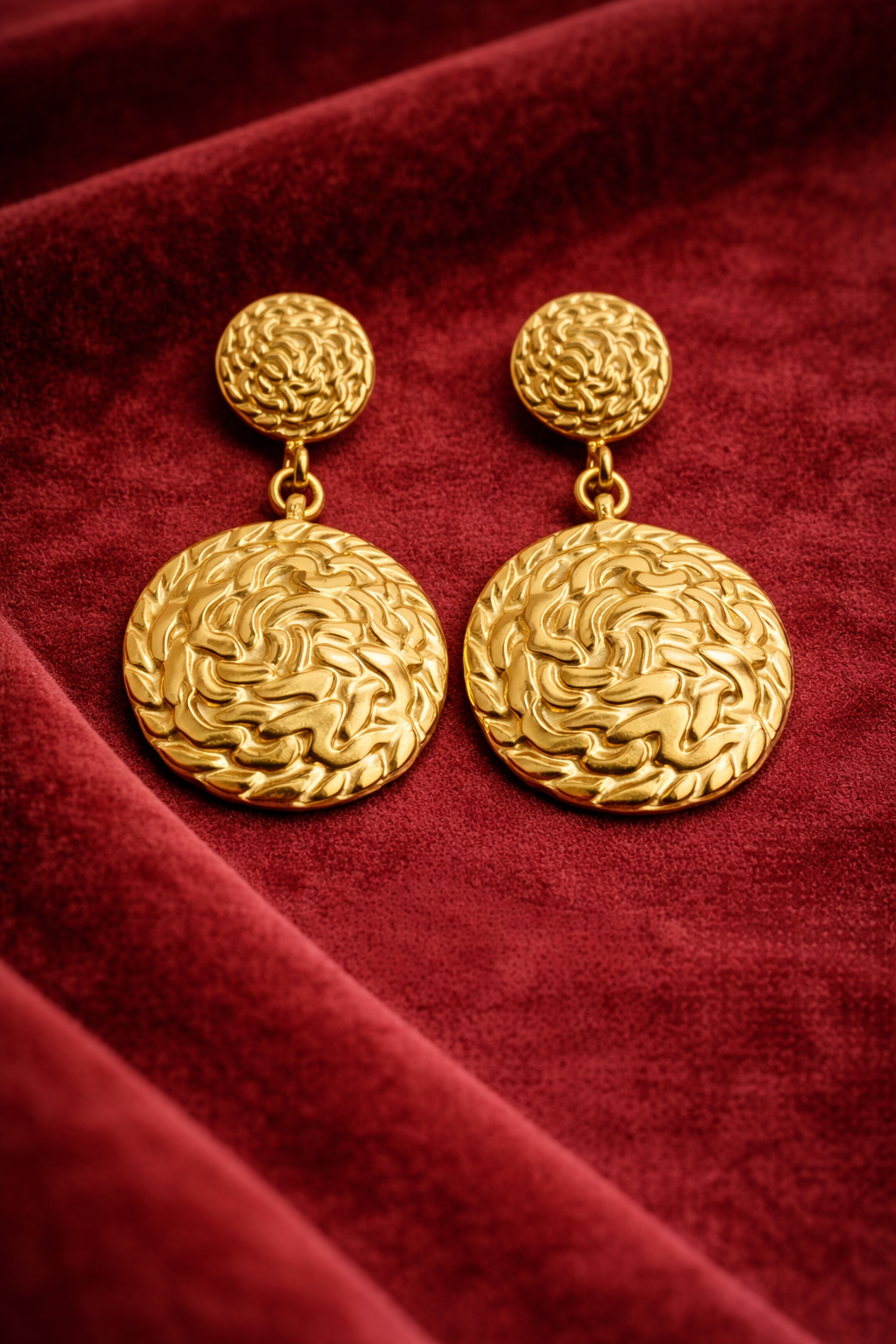 Textured Gold Disc Drop Earrings