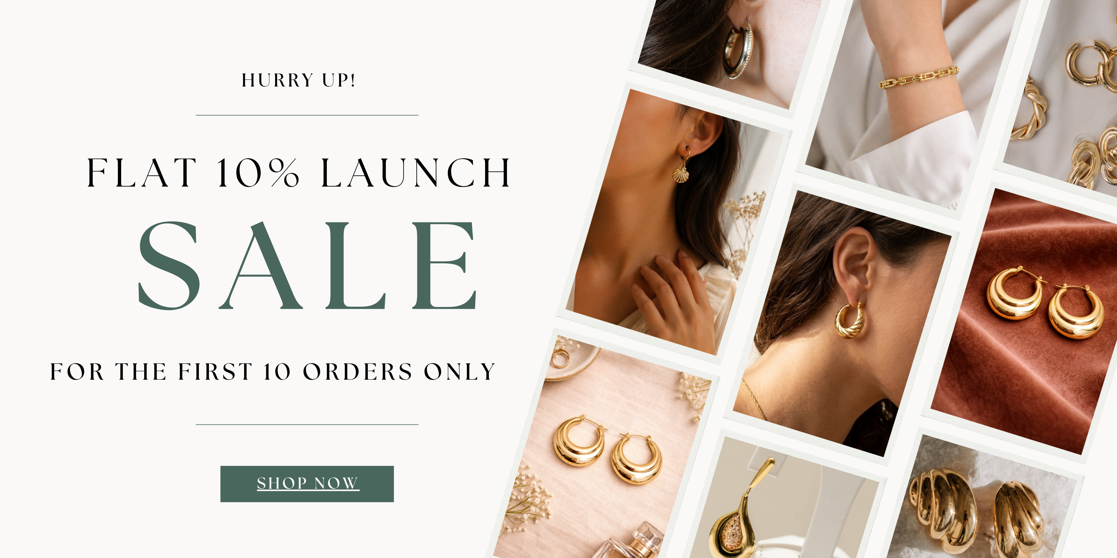 Collage of gold earrings with promotional text for a flat 10% launch sale.
