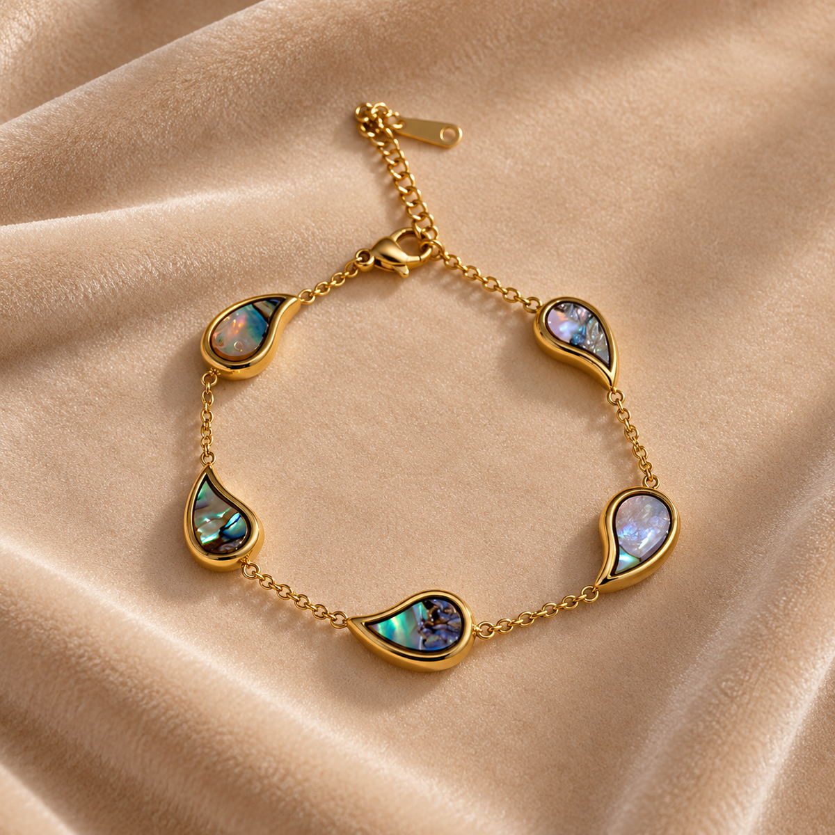 Gold Abalone Teardrop Bracelet on velvet