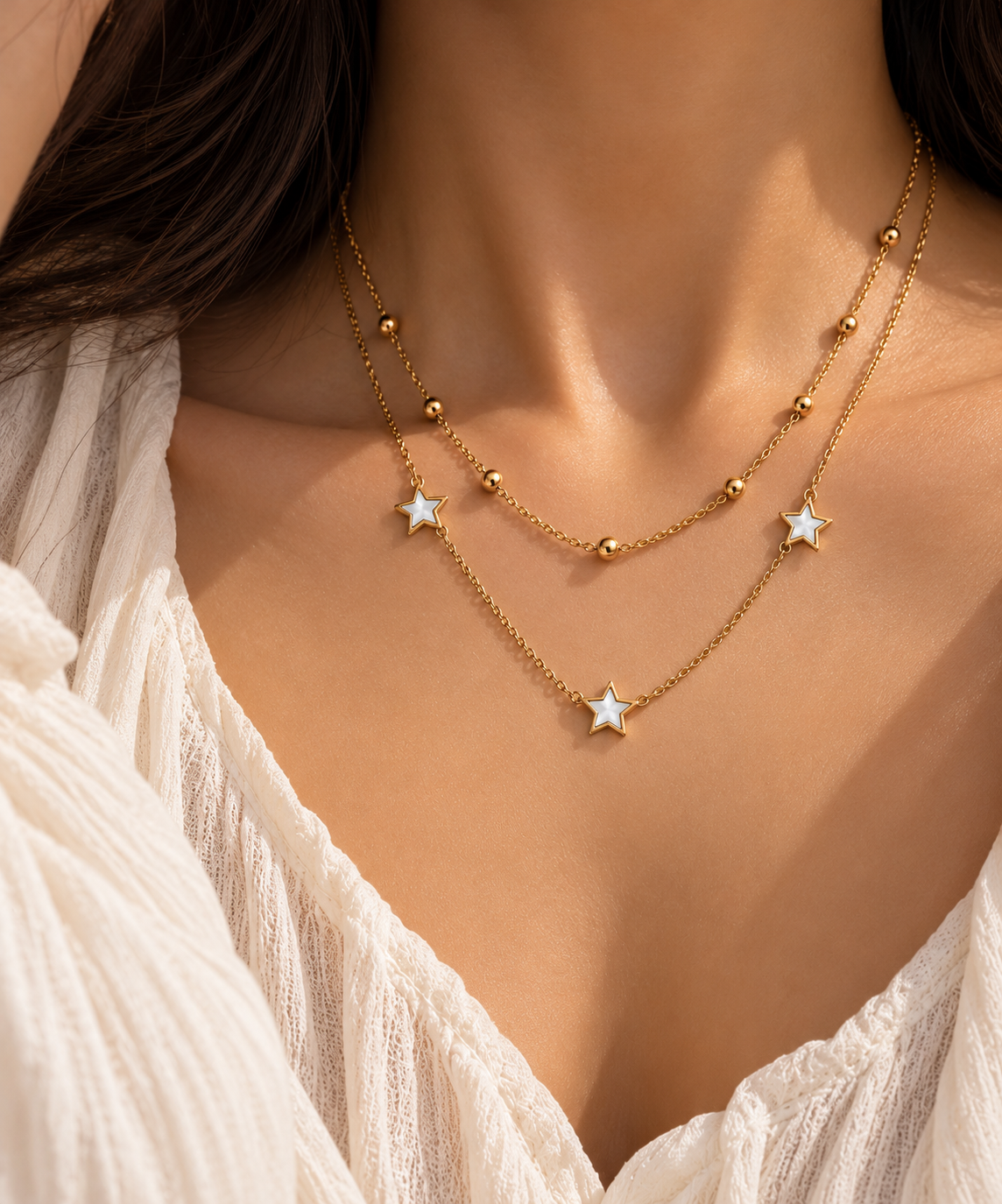 Layered Gold Star Necklace with Beaded Chain trial
