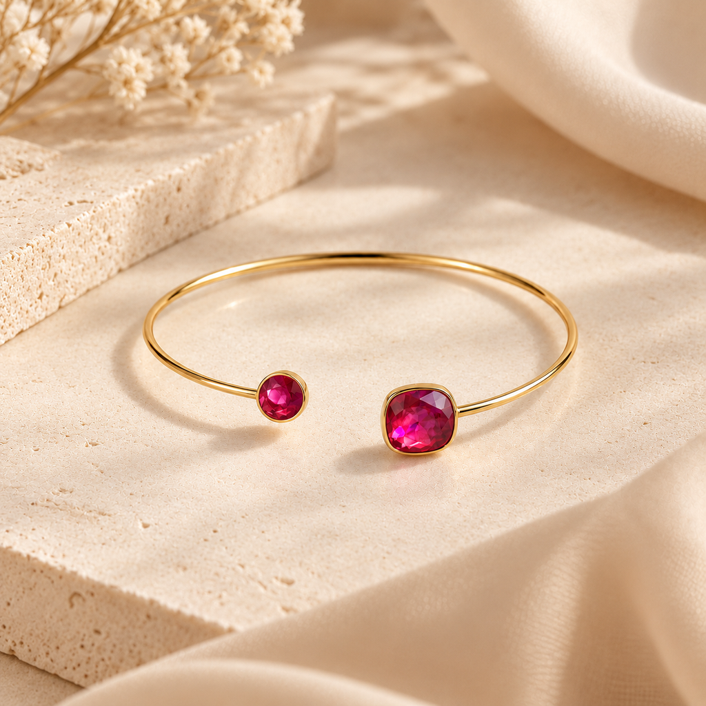 Ruby Red Crystal Gold-Tone Cuff Bracelet for Women on flat lay