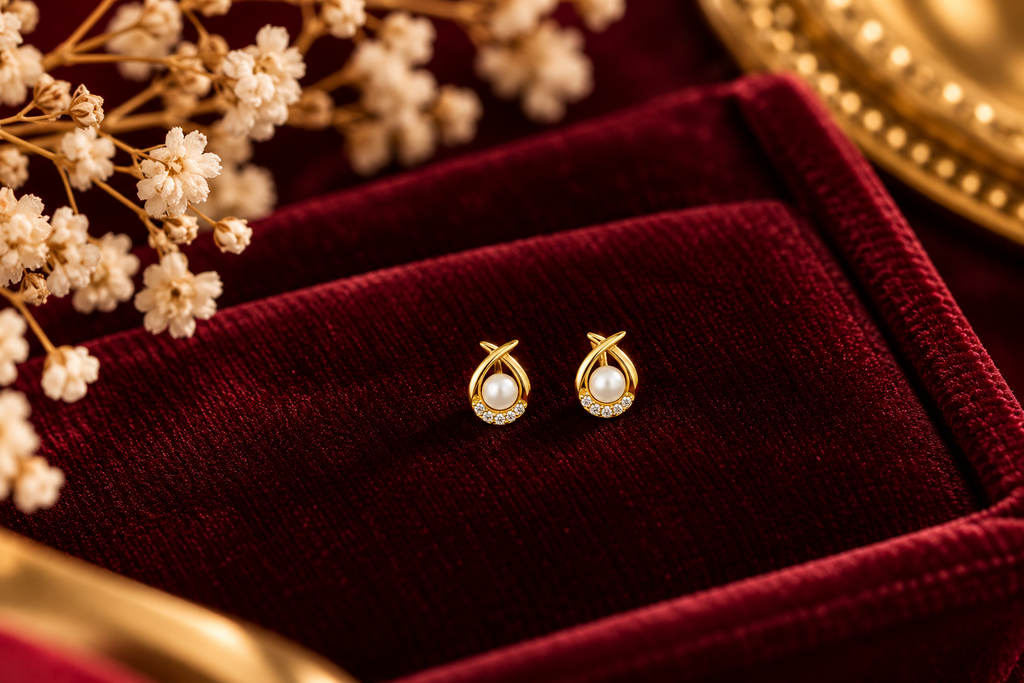 Delicate Gold Pearl Teardrop Earrings on velvet